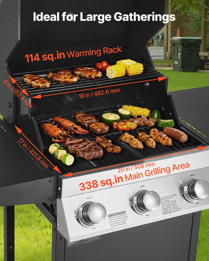 Gas Grill, 3 Burner Propane Gas Grill with Spacious 338 SQ.In Grilling Area, Carbon Steel Enamel Grates, Outdoor 36,000 BTU Patio Garden BBQ Grills with Foldable Side Shelves, Carbon Steel