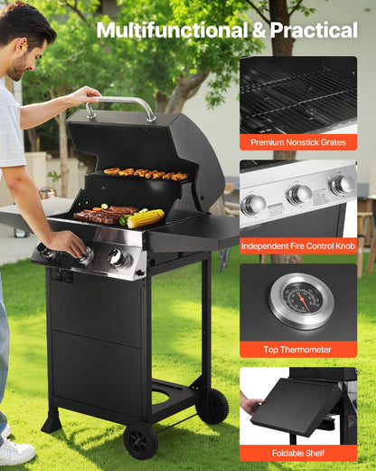 Gas Grill, 3 Burner Propane Gas Grill with Spacious 338 SQ.In Grilling Area, Carbon Steel Enamel Grates, Outdoor 36,000 BTU Patio Garden BBQ Grills with Foldable Side Shelves, Carbon Steel