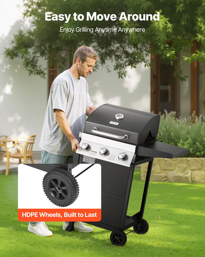 Gas Grill, 3 Burner Propane Gas Grill with Spacious 338 SQ.In Grilling Area, Carbon Steel Enamel Grates, Outdoor 36,000 BTU Patio Garden BBQ Grills with Foldable Side Shelves, Carbon Steel