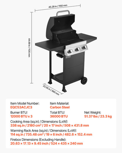 Gas Grill, 3 Burner Propane Gas Grill with Spacious 338 SQ.In Grilling Area, Carbon Steel Enamel Grates, Outdoor 36,000 BTU Patio Garden BBQ Grills with Foldable Side Shelves, Carbon Steel