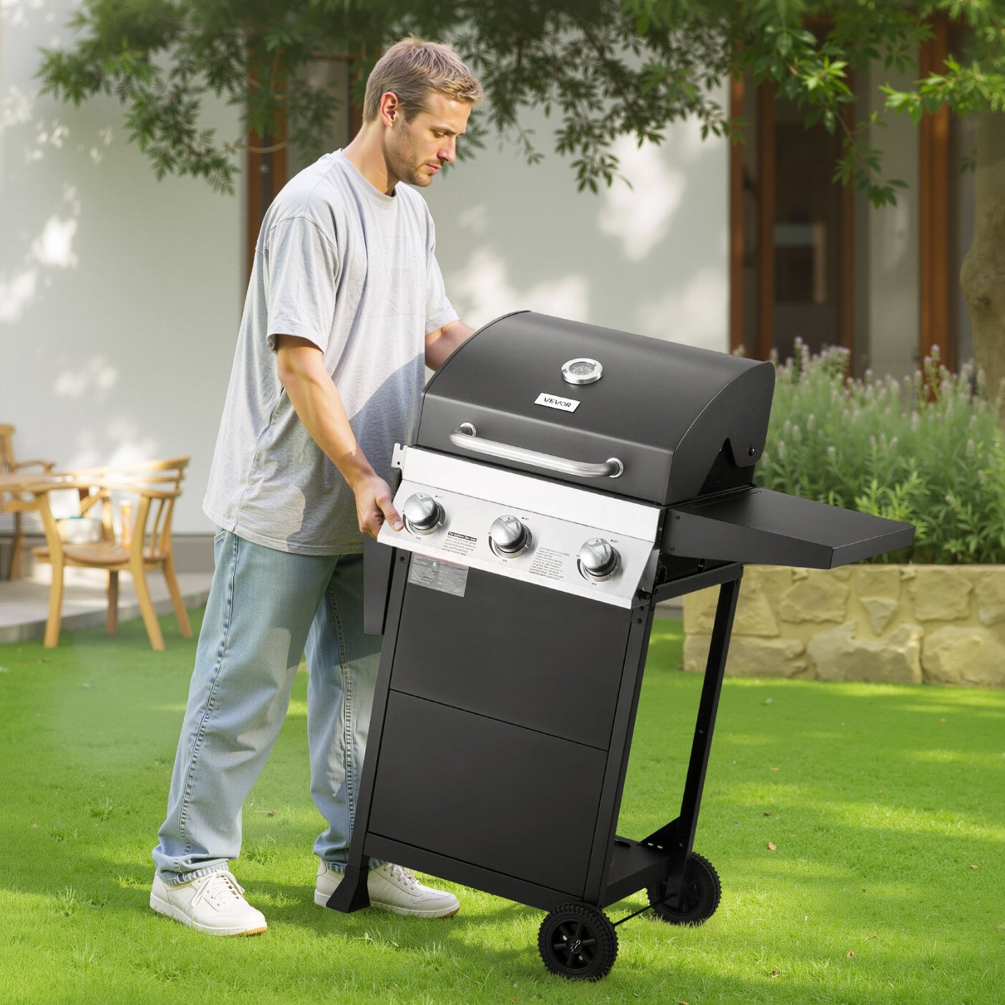 Gas Grill, 3 Burner Propane Gas Grill with Spacious 338 SQ.In Grilling Area, Carbon Steel Enamel Grates, Outdoor 36,000 BTU Patio Garden BBQ Grills with Foldable Side Shelves, Carbon Steel