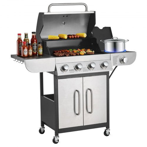 Gas Grill, 4 Burner Propane Gas Grill with Side Burner, 425 SQ.In Grilling Area, Carbon Steel Enamel Grates, Outdoor 52,000 BTU Patio Garden BBQ Grills with Two Side Shelves, Stainless Steel