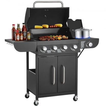 Gas Grill, 4 Burner Propane Gas Grill with Side Burner, 425 SQ.In Grilling Area, Carbon Steel Enamel Grates, Outdoor 52,000 BTU Patio Garden BBQ Grills with Two Side Shelves, Carbon Steel