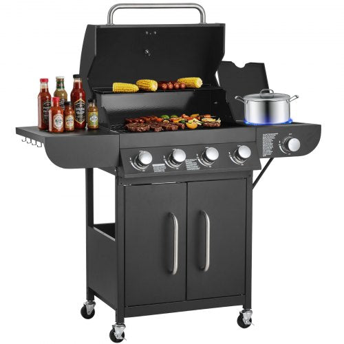 Gas Grill, 4 Burner Propane Gas Grill with Side Burner, 425 SQ.In Grilling Area, Carbon Steel Enamel Grates, Outdoor 52,000 BTU Patio Garden BBQ Grills with Two Side Shelves, Carbon Steel