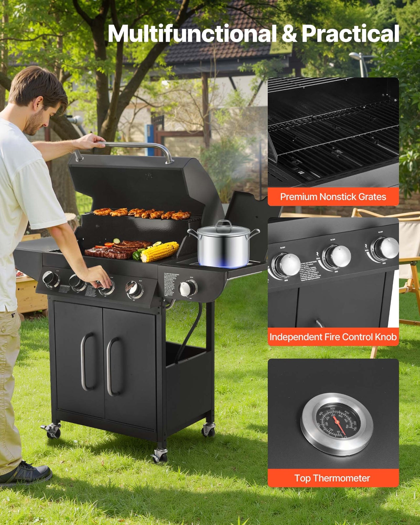 Gas Grill, 4 Burner Propane Gas Grill with Side Burner, 425 SQ.In Grilling Area, Carbon Steel Enamel Grates, Outdoor 52,000 BTU Patio Garden BBQ Grills with Two Side Shelves, Carbon Steel