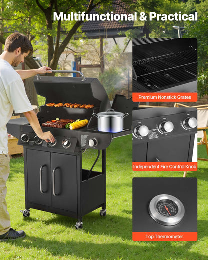 Gas Grill, 4 Burner Propane Gas Grill with Side Burner, 425 SQ.In Grilling Area, Carbon Steel Enamel Grates, Outdoor 52,000 BTU Patio Garden BBQ Grills with Two Side Shelves, Carbon Steel
