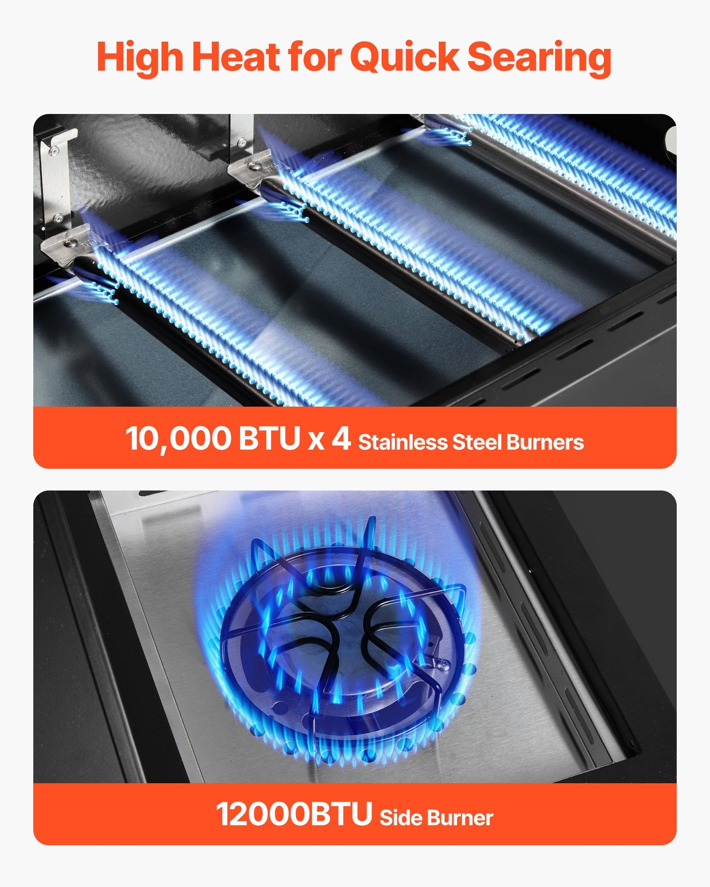 Gas Grill, 4 Burner Propane Gas Grill with Side Burner, 425 SQ.In Grilling Area, Carbon Steel Enamel Grates, Outdoor 52,000 BTU Patio Garden BBQ Grills with Two Side Shelves, Carbon Steel