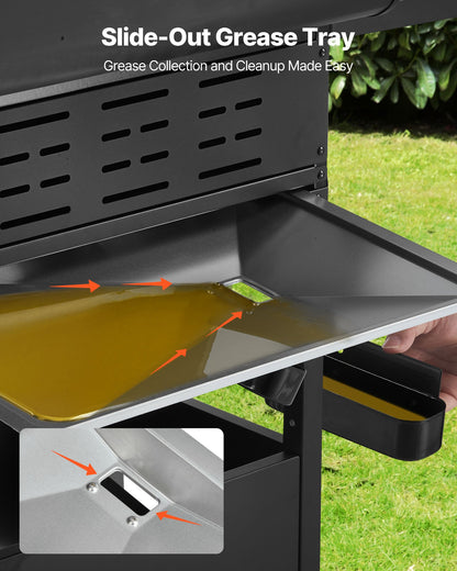 Gas Grill, 4 Burner Propane Gas Grill with Side Burner, 425 SQ.In Grilling Area, Carbon Steel Enamel Grates, Outdoor 52,000 BTU Patio Garden BBQ Grills with Two Side Shelves, Carbon Steel