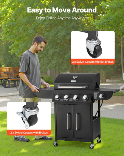 Gas Grill, 4 Burner Propane Gas Grill with Side Burner, 425 SQ.In Grilling Area, Carbon Steel Enamel Grates, Outdoor 52,000 BTU Patio Garden BBQ Grills with Two Side Shelves, Carbon Steel