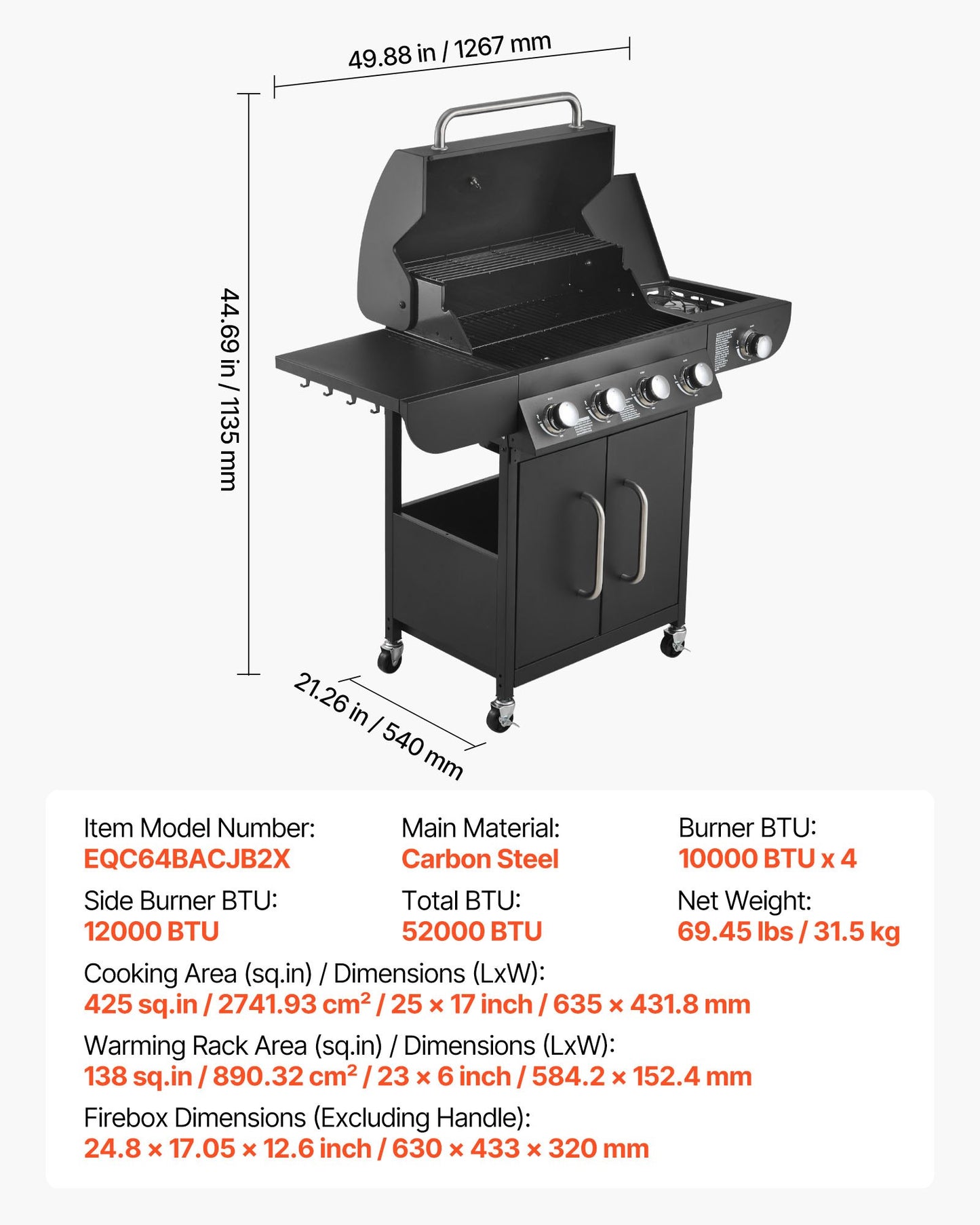 Gas Grill, 4 Burner Propane Gas Grill with Side Burner, 425 SQ.In Grilling Area, Carbon Steel Enamel Grates, Outdoor 52,000 BTU Patio Garden BBQ Grills with Two Side Shelves, Carbon Steel