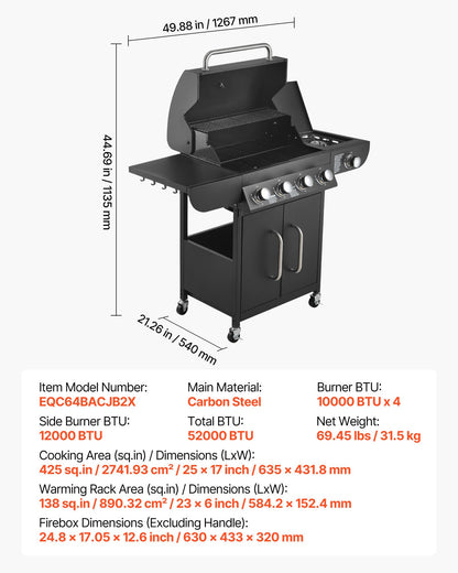 Gas Grill, 4 Burner Propane Gas Grill with Side Burner, 425 SQ.In Grilling Area, Carbon Steel Enamel Grates, Outdoor 52,000 BTU Patio Garden BBQ Grills with Two Side Shelves, Carbon Steel