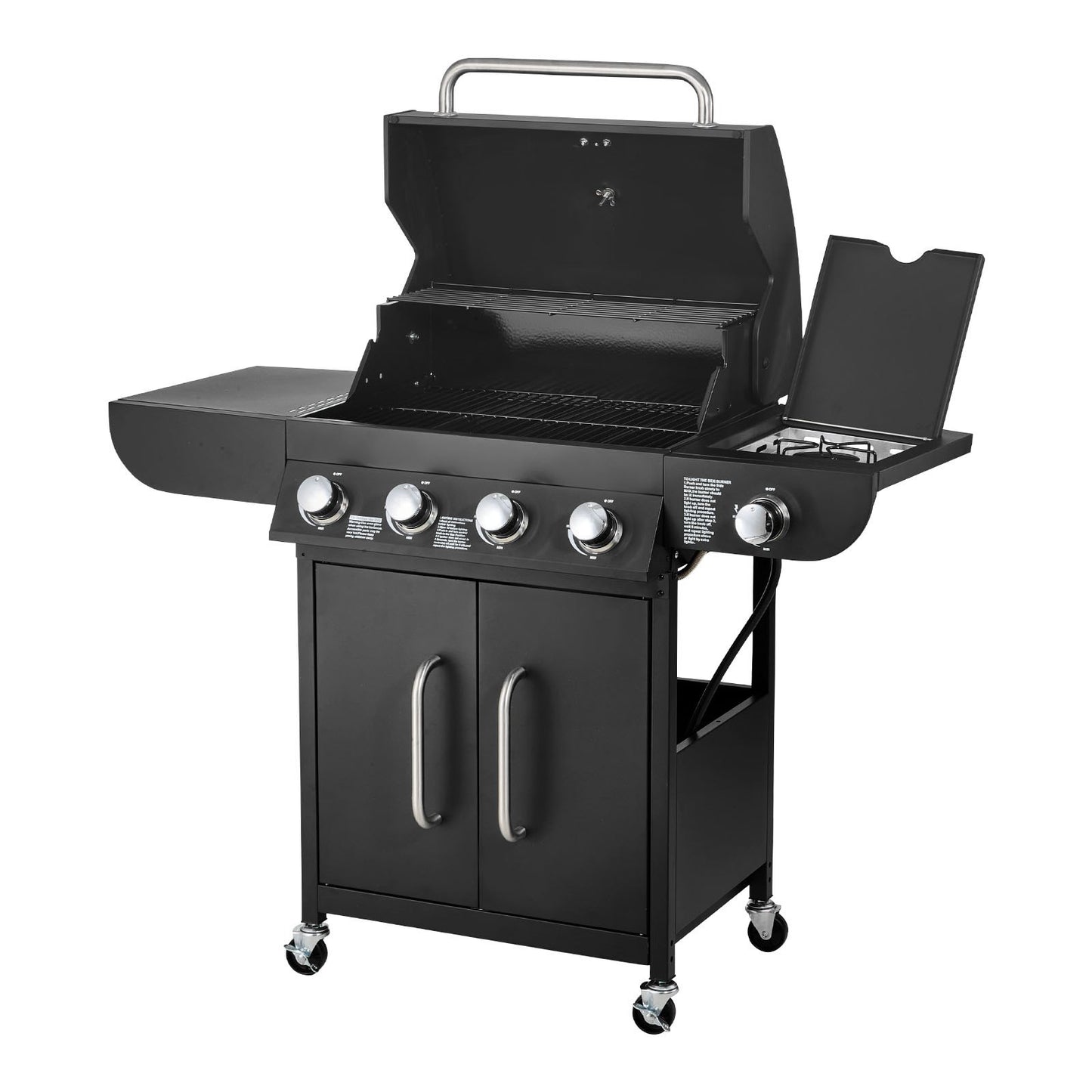 Gas Grill, 4 Burner Propane Gas Grill with Side Burner, 425 SQ.In Grilling Area, Carbon Steel Enamel Grates, Outdoor 52,000 BTU Patio Garden BBQ Grills with Two Side Shelves, Carbon Steel