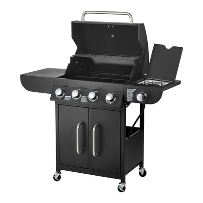 Gas Grill, 4 Burner Propane Gas Grill with Side Burner, 425 SQ.In Grilling Area, Carbon Steel Enamel Grates, Outdoor 52,000 BTU Patio Garden BBQ Grills with Two Side Shelves, Carbon Steel