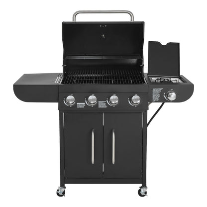 Gas Grill, 4 Burner Propane Gas Grill with Side Burner, 425 SQ.In Grilling Area, Carbon Steel Enamel Grates, Outdoor 52,000 BTU Patio Garden BBQ Grills with Two Side Shelves, Carbon Steel