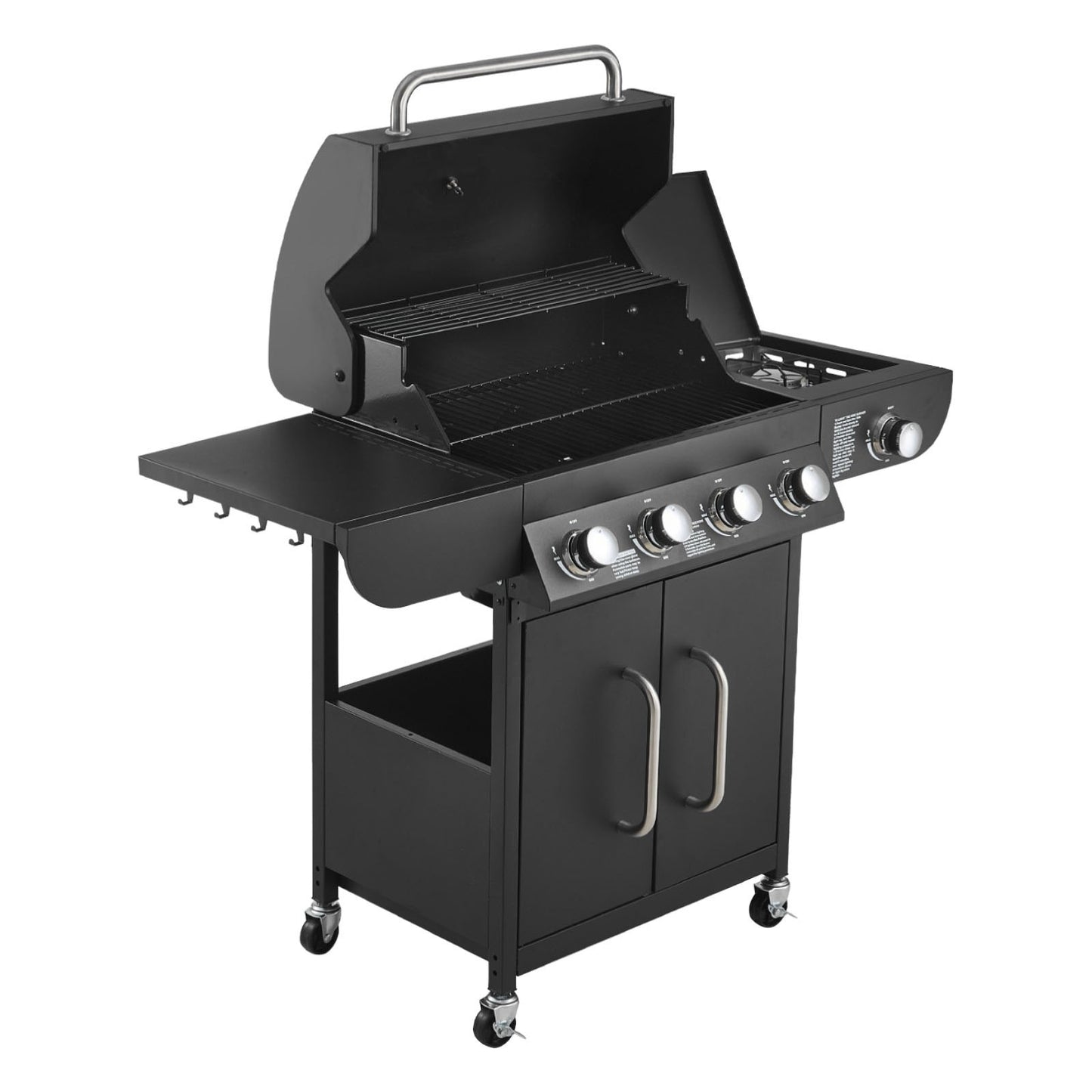 Gas Grill, 4 Burner Propane Gas Grill with Side Burner, 425 SQ.In Grilling Area, Carbon Steel Enamel Grates, Outdoor 52,000 BTU Patio Garden BBQ Grills with Two Side Shelves, Carbon Steel