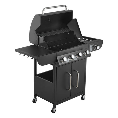 Gas Grill, 4 Burner Propane Gas Grill with Side Burner, 425 SQ.In Grilling Area, Carbon Steel Enamel Grates, Outdoor 52,000 BTU Patio Garden BBQ Grills with Two Side Shelves, Carbon Steel