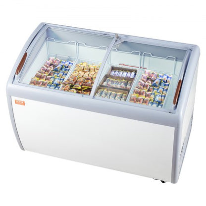Commercial Ice Cream Display Case, 12.8 Cu.ft Chest Freezer, Mobile Glass Top Deep Freezer, Restaurant Gelato Dipping Cabinet with 4 Wire Baskets, 2 Sliding Glass Doosr, Locking Casters, White