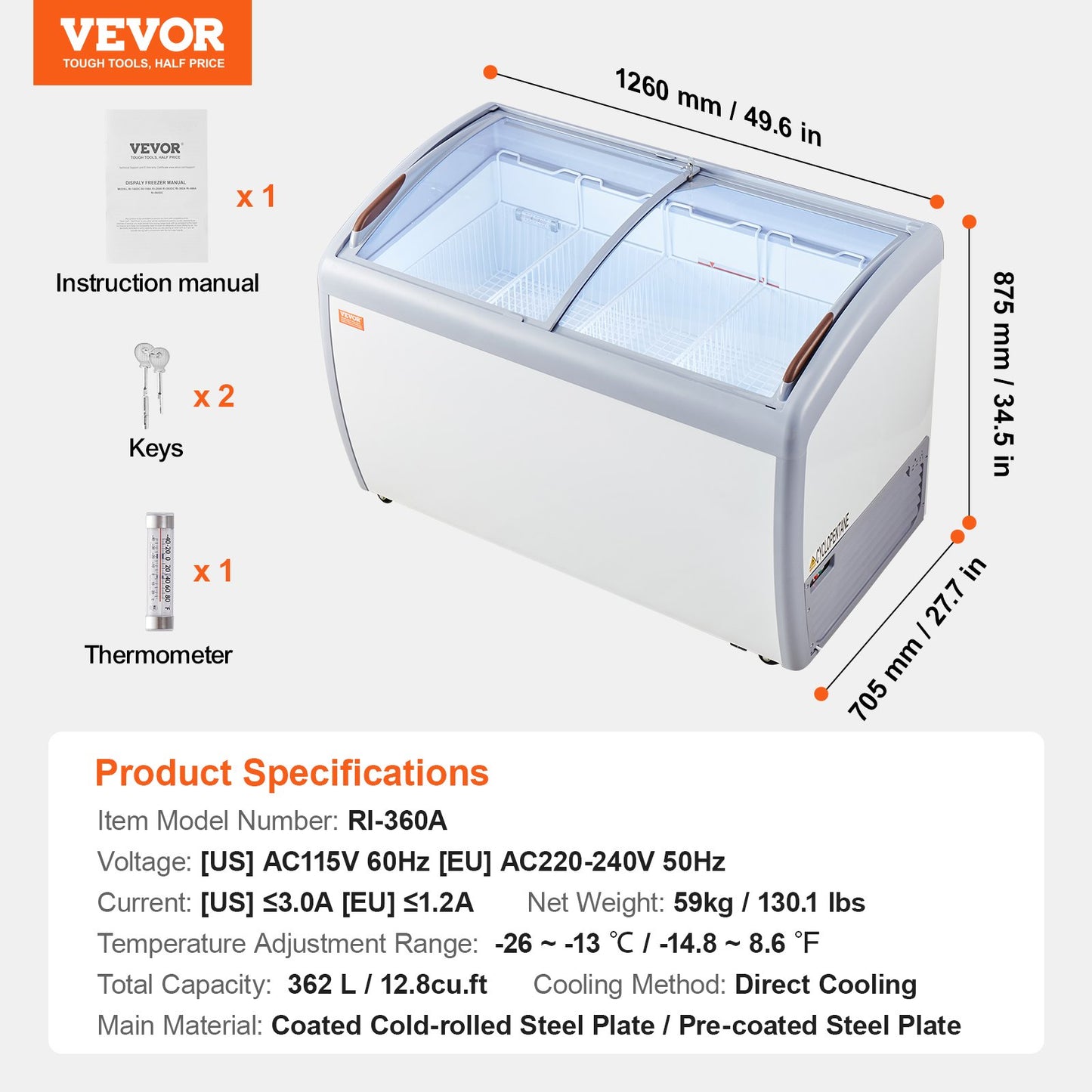 Commercial Ice Cream Display Case, 12.8 Cu.ft Chest Freezer, Mobile Glass Top Deep Freezer, Restaurant Gelato Dipping Cabinet with 4 Wire Baskets, 2 Sliding Glass Doosr, Locking Casters, White