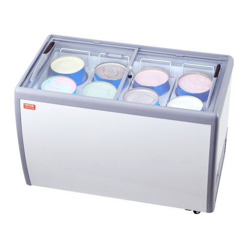 Commercial Ice Cream Display Case, 13.1 Cu.ft Chest Freezer, Mobile Glass Top Deep Freezer, Restaurant Gelato Dipping Cabinet with 8 Large Tubs, 2 Sliding Glass Doors, Locking Casters, White