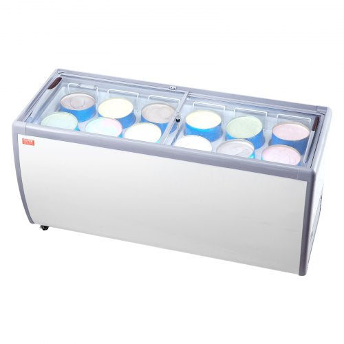 Commercial Ice Cream Display Case, 20 Cu.ft Chest Freezer, Mobile Glass Top Deep Freezer, Restaurant Gelato Dipping Cabinet with 12 Large Tubs, 2 Sliding Glass Doors, Locking Casters, White