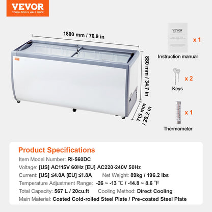 Commercial Ice Cream Display Case, 20 Cu.ft Chest Freezer, Mobile Glass Top Deep Freezer, Restaurant Gelato Dipping Cabinet with 12 Large Tubs, 2 Sliding Glass Doors, Locking Casters, White