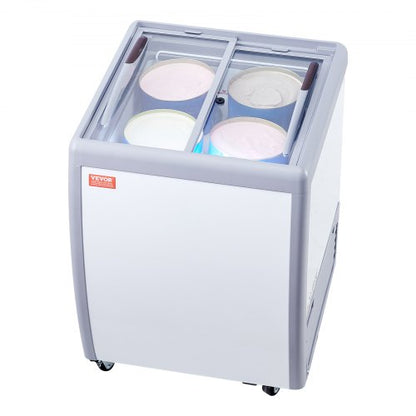Commercial Ice Cream Display Case, 5.6 Cu.ft Chest Freezer, Mobile Glass Top Deep Freezer, Restaurant Gelato Dipping Cabinet, 2 Sliding Glass Doors, Locking Casters, White