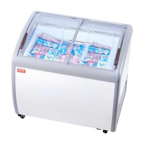Commercial Ice Cream Display Case, 9.3 Cu.ft Chest Freezer, Mobile Glass Top Deep Freezer, Restaurant Gelato Dipping Cabinet with 3 Wire Baskets, 2 Sliding Glass Doors, Locking Casters, White