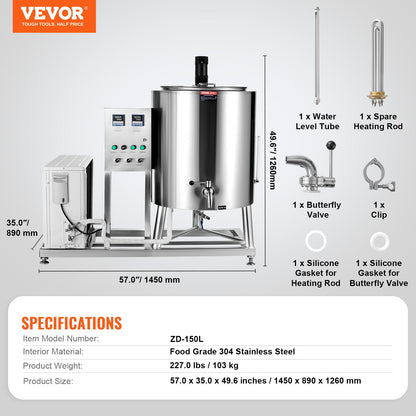 Milk Pasteurizer 150L, Commercial Milk Pasteurization Machine, Food Grade 304 Stainless Steel, Professional Pasteurization with Time and Temperature Control, for Milk Juice Yogurt Sterilization