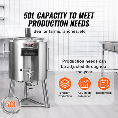 Milk Pasteurizer 50L, Commercial Milk Pasteurization Machine, Food Grade 304 Stainless Steel, Professional Pasteurization with Time and Temperature Control, for Milk Juice Yogurt Sterilization