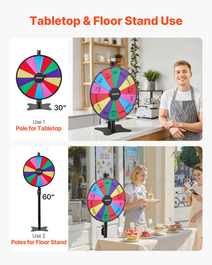 24 in Spinning Prize Wheel, 14 Slots Spinning Wheel with Stand, Adjustable Height Win Fortune Roulette with a Dry Erase and 2 Markers, 6 Colors, Easy Assembly, for Party Pub Trade Show Carnival