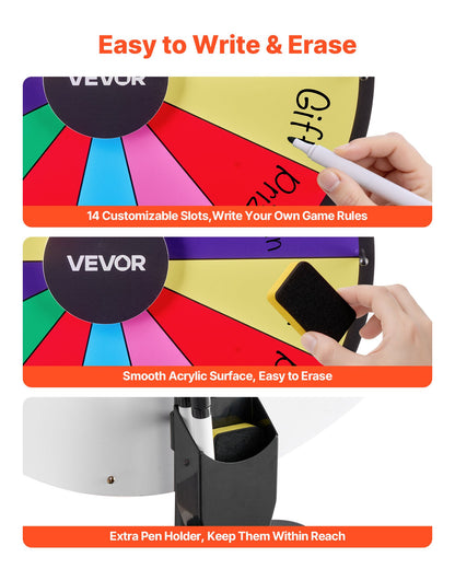 24 in Spinning Prize Wheel, 14 Slots Spinning Wheel with Stand, Adjustable Height Win Fortune Roulette with a Dry Erase and 2 Markers, 6 Colors, Easy Assembly, for Party Pub Trade Show Carnival