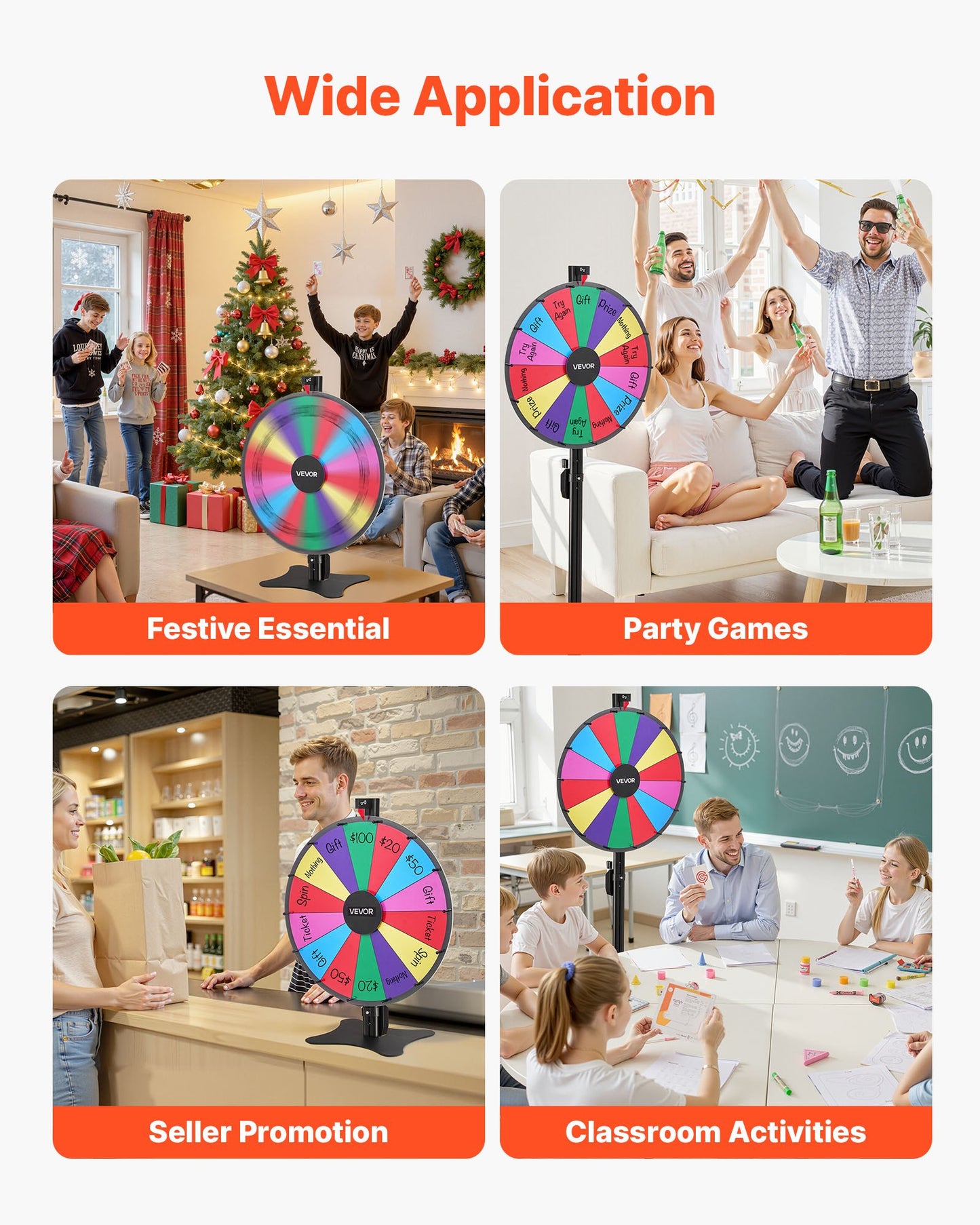 24 in Spinning Prize Wheel, 14 Slots Spinning Wheel with Stand, Adjustable Height Win Fortune Roulette with a Dry Erase and 2 Markers, 6 Colors, Easy Assembly, for Party Pub Trade Show Carnival