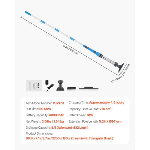 Pool-Staubsauger, 8,5 GPM, wiederaufladbar, Poolreinigung, max. 1 Std., mit Verlängerungsstange | EU