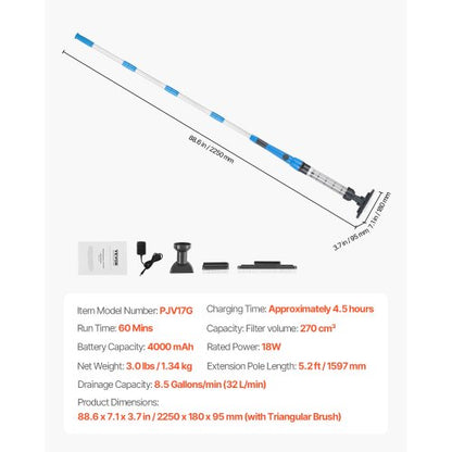 Pool-Staubsauger, 8,5 GPM, wiederaufladbar, Poolreinigung, max. 1 Std., mit Verlängerungsstange | EU