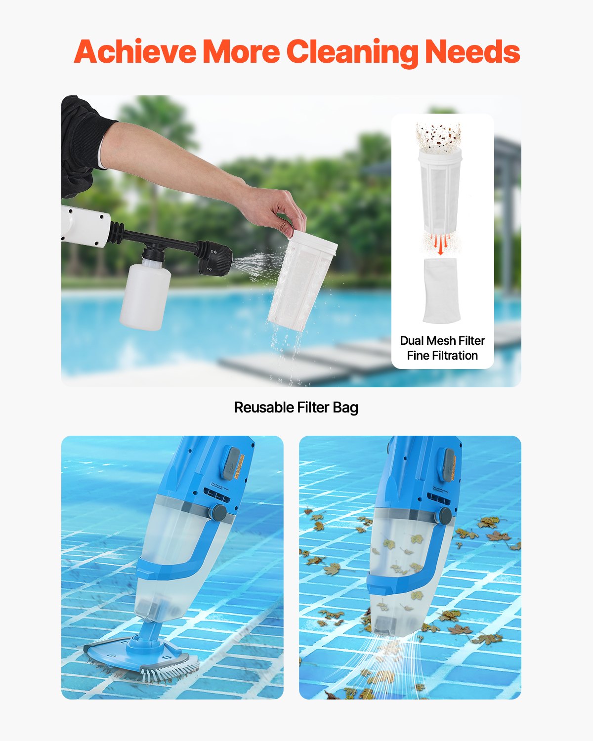 Pool Vacuum, 26 GPM Handheld Cordless Hot Tub Vacuum with Extension Pole, for Deep Cleaning & Strong Suction, Rechargeable Pool Cleaner, Running up to 1Hour, for Above Ground/Inground Pool Spas