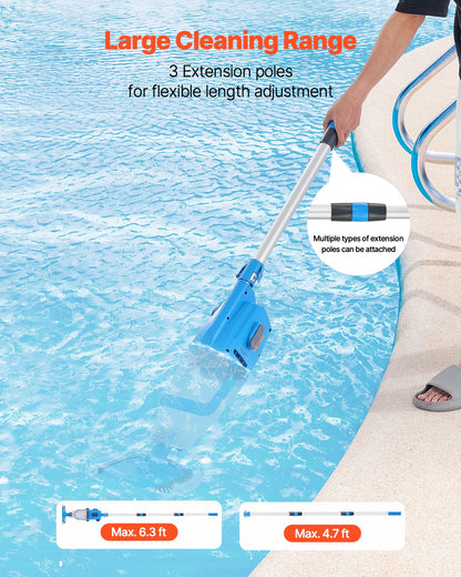 Pool Vacuum, 26 GPM Handheld Cordless Hot Tub Vacuum with Extension Pole, for Deep Cleaning & Strong Suction, Rechargeable Pool Cleaner, Running up to 1Hour, for Above Ground/Inground Pool Spas