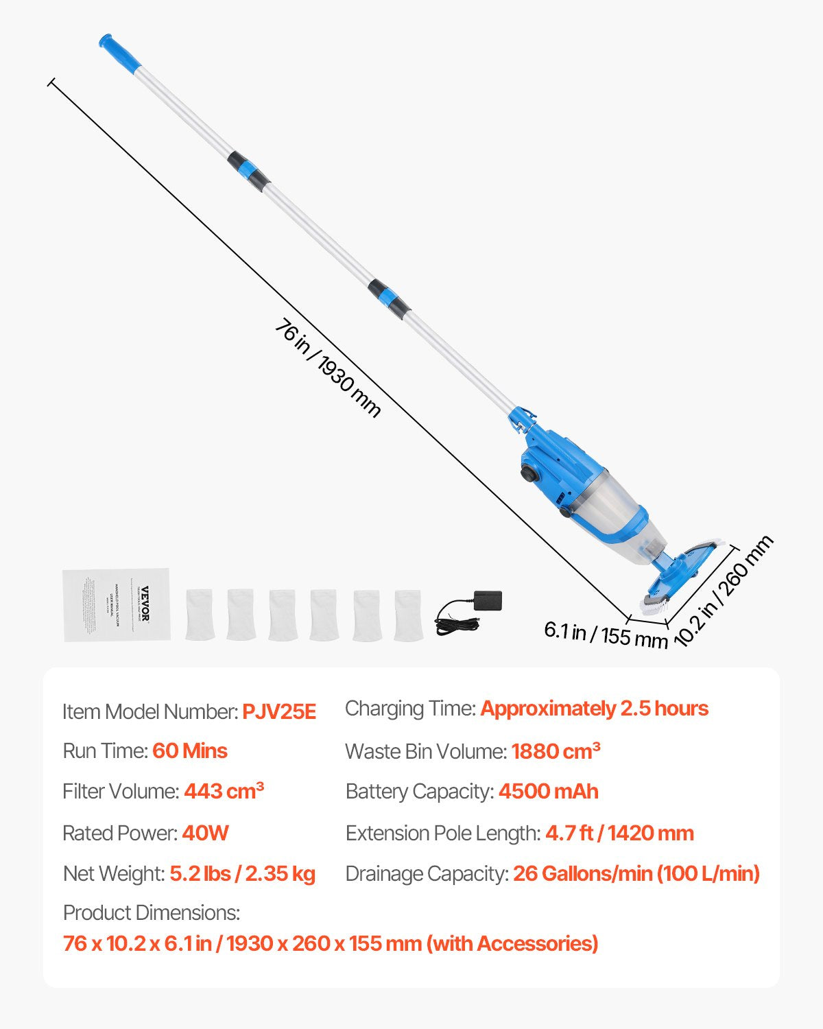 Pool Vacuum, 26 GPM Handheld Cordless Hot Tub Vacuum with Extension Pole, for Deep Cleaning & Strong Suction, Rechargeable Pool Cleaner, Running up to 1Hour, for Above Ground/Inground Pool Spas