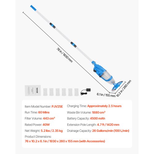 Poolsauger 26 GPM Wiederaufladbare Poolreinigung Max. 1 Std. mit Verlängerungsstange | EU