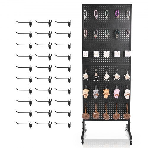 Standing Pegboard Display, 23.6 x 63 in Pegboard Display Stand with Swivel Casters and 30 Hooks, Thickened Cold-Rolled Steel Peg Board Panel for Grocery, Retail Store and Jewelry Shop, Black