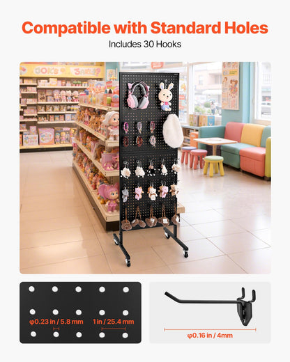 Standing Pegboard Display, 23.6 x 63 in Pegboard Display Stand with Swivel Casters and 30 Hooks, Thickened Cold-Rolled Steel Peg Board Panel for Grocery, Retail Store and Jewelry Shop, Black