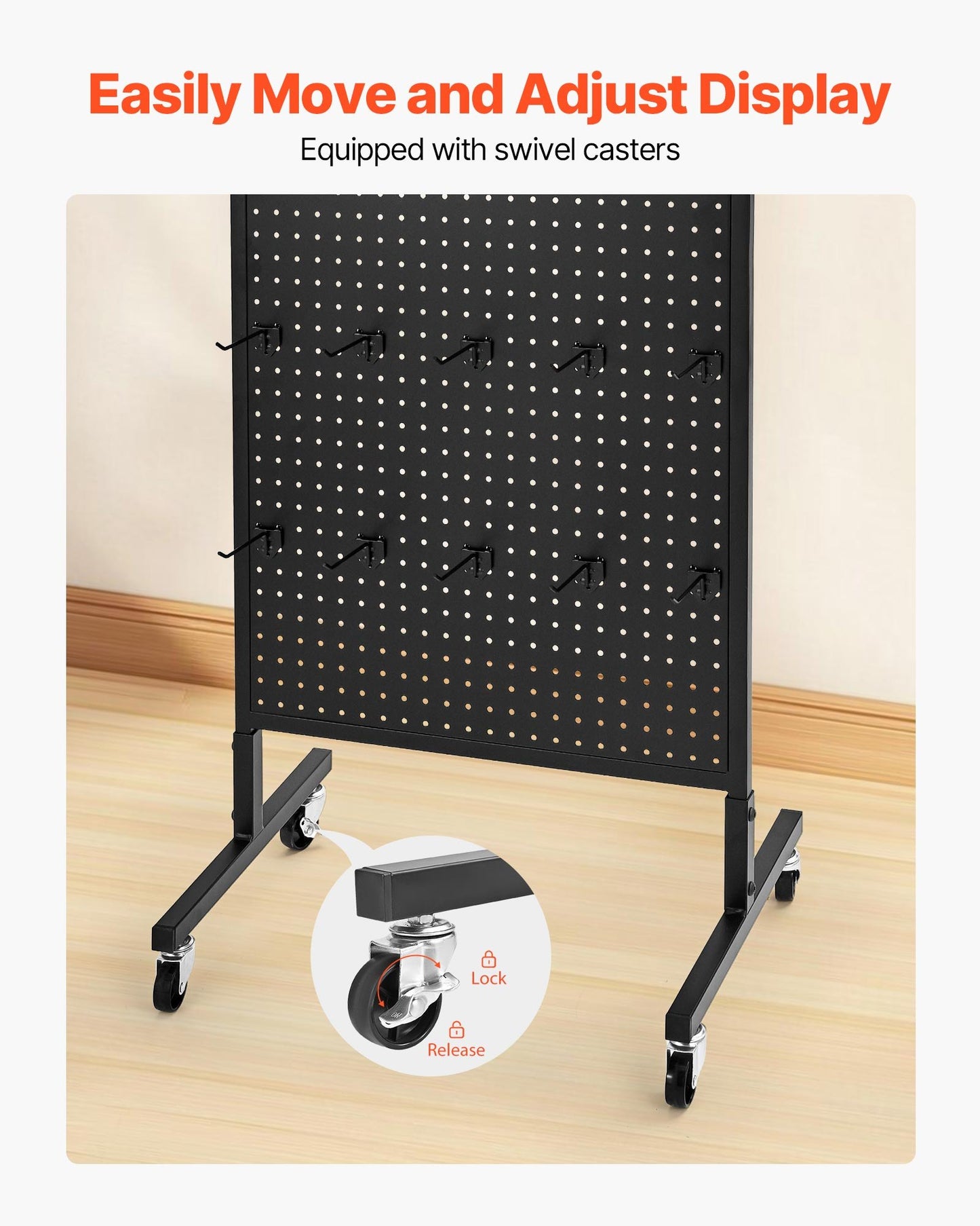 Standing Pegboard Display, 23.6 x 63 in Pegboard Display Stand with Swivel Casters and 30 Hooks, Thickened Cold-Rolled Steel Peg Board Panel for Grocery, Retail Store and Jewelry Shop, Black