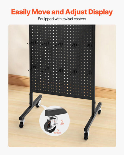 Standing Pegboard Display, 23.6 x 63 in Pegboard Display Stand with Swivel Casters and 30 Hooks, Thickened Cold-Rolled Steel Peg Board Panel for Grocery, Retail Store and Jewelry Shop, Black