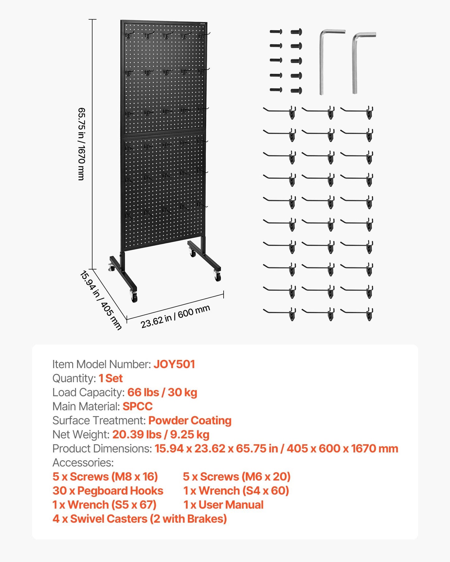 Standing Pegboard Display, 23.6 x 63 in Pegboard Display Stand with Swivel Casters and 30 Hooks, Thickened Cold-Rolled Steel Peg Board Panel for Grocery, Retail Store and Jewelry Shop, Black