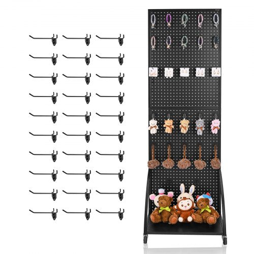 Standing Pegboard Display with Base Plate, 23.7 x 66 in Pegboard Display Stand with Casters and 30 Hooks, Thickened Cold-Rolled Steel Peg Board Panel for Retail Store and Jewelry Shop, Black