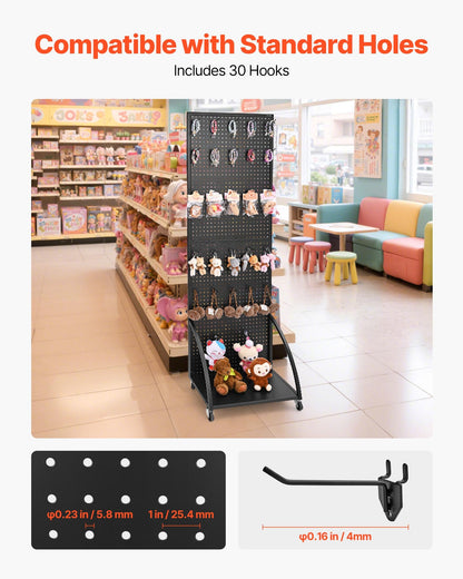 Standing Pegboard Display with Base Plate, 23.7 x 66 in Pegboard Display Stand with Casters and 30 Hooks, Thickened Cold-Rolled Steel Peg Board Panel for Retail Store and Jewelry Shop, Black