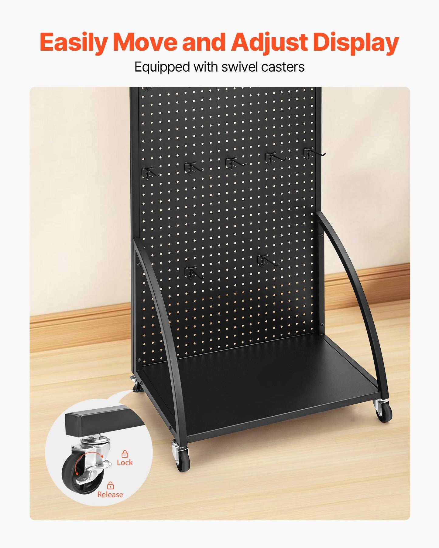 Standing Pegboard Display with Base Plate, 23.7 x 66 in Pegboard Display Stand with Casters and 30 Hooks, Thickened Cold-Rolled Steel Peg Board Panel for Retail Store and Jewelry Shop, Black