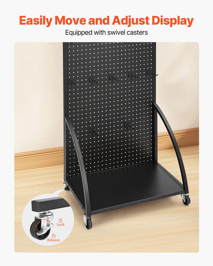 Standing Pegboard Display with Base Plate, 23.7 x 66 in Pegboard Display Stand with Casters and 30 Hooks, Thickened Cold-Rolled Steel Peg Board Panel for Retail Store and Jewelry Shop, Black