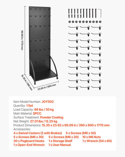 Standing Pegboard Display with Base Plate, 23.7 x 66 in Pegboard Display Stand with Casters and 30 Hooks, Thickened Cold-Rolled Steel Peg Board Panel for Retail Store and Jewelry Shop, Black