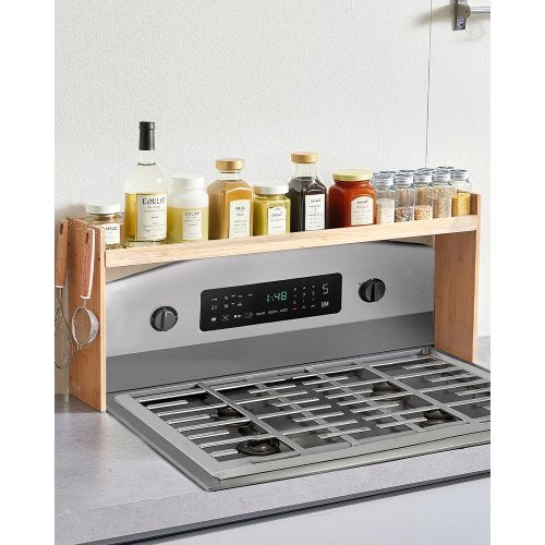 Over the Stove Shelf, Over Stove Spice Shelf for Kitchen Stove Top, Seasoning Shelves, Spice Organizer, Easy to Assemble Countertop Storage Solution, Kitchen Gadgets with 6 Hooks