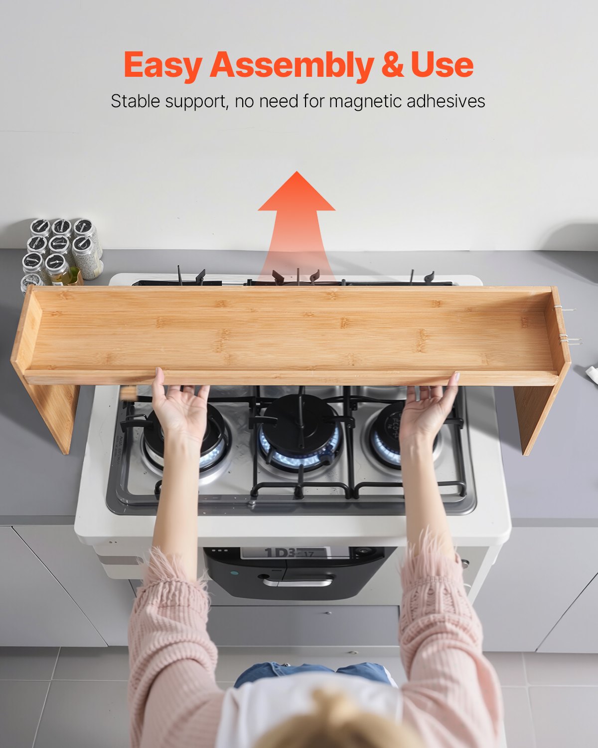 Over the Stove Shelf, Over Stove Spice Shelf for Kitchen Stove Top, Seasoning Shelves, Spice Organizer, Easy to Assemble Countertop Storage Solution, Kitchen Gadgets with 6 Hooks
